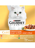 Purina Gourmet Gold für Katzen, Ente mit Oliven, Forelle mit Gemüse, Kaninchen mit Karotten, Kalb, 8x85 g