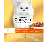 Purina Gourmet Gold für Katzen, Ente mit Oliven, Forelle mit Gemüse, Kaninchen mit Karotten, Kalb, 8x85 g