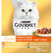 Purina Gourmet Gold für Katzen, Ente mit Oliven, Forelle mit Gemüse, Kaninchen mit Karotten, Kalb, 8x85 g