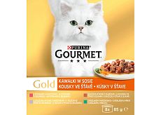 Purina Gourmet Gold für Katzen, Ente mit Oliven, Forelle mit Gemüse, Kaninchen mit Karotten, Kalb, 8x85 g