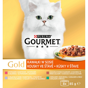Purina Gourmet Gold für Katzen, Ente mit Oliven, Forelle mit Gemüse, Kaninchen mit Karotten, Kalb, 8x85 g