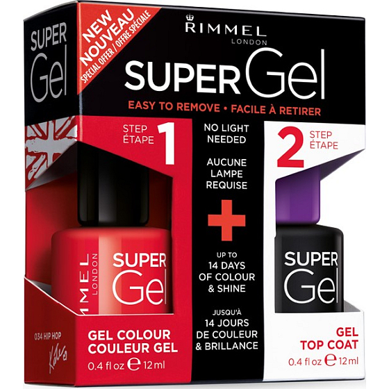 Rimmel London Super Gel von Kate Nagellack 034 Hip Hop 12 ml + Super Gel Decklack Decklack Nagel 001 Transparent 12 ml, Duopack