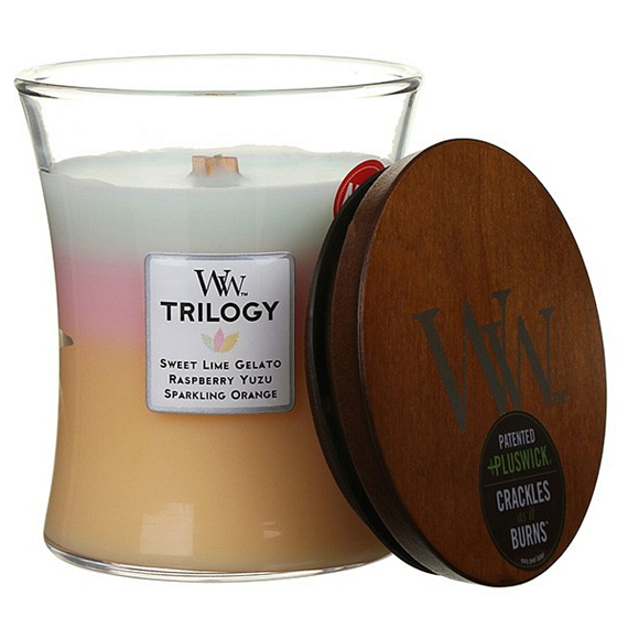 WoodWick Trilogy Summer Sweets - Duftkerze für Sommersüßigkeiten mit Holzdocht und Glasdeckel Medium 275 g