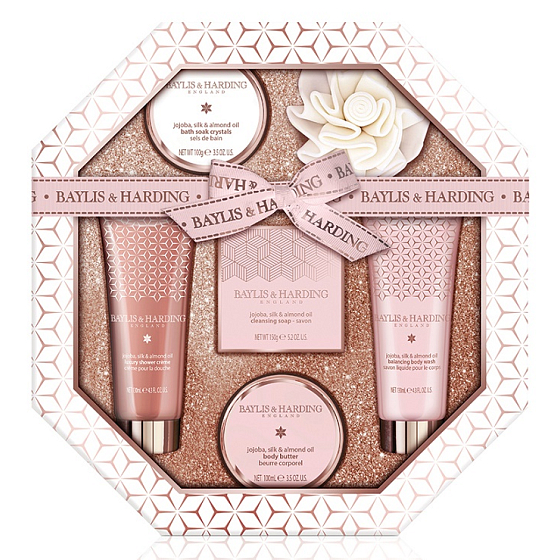 Baylis & Harding Jojoba-, Seiden- und Mandelölseife 150 g + Duschcreme 130 ml + flüssige Körperseife 130 ml + Badekristalle 100 g + Körperbutter 100 ml + Waschlappen, kosmetischer Satz Achtecke