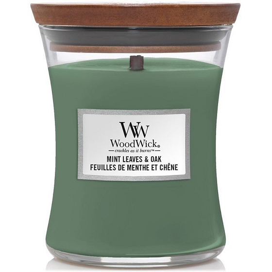 WoodWick Mint Leaves & Oak Duftkerze mit Holzdocht und Deckel Glas mittel 275 g