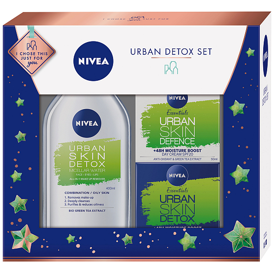 Nivea Urban Skin Defense Tagescreme 50 ml + Urban Skin Detox Nachtcreme 50 ml + Urban Skin Detox Mizellenwasser 400 ml, Kosmetikset