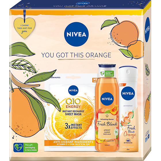 Nivea You Got This Orange Q10 Energy textile Gesichtsmaske 1 Stück + Fresh Blends Apricot Duschgel 300 ml + Fresh Blends Orange Antitranspirant Deodorant Spray 150 ml, Kosmetikset für Frauen