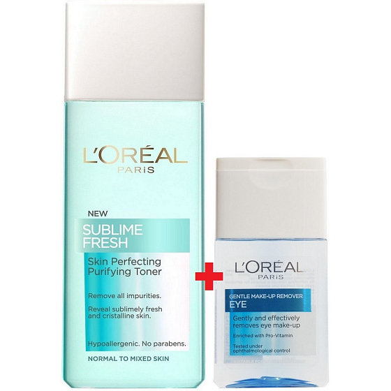 Loreal Paris Sublime Fresh frische Reinigungs- und Pflegelotion für normale und Mischhaut 200 ml + Loreal Paris sanfter Augen-Make-up-Entferner 125 ml, Kosmetik-Set