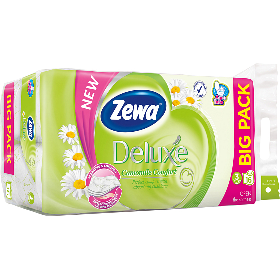 Zewa Deluxe Aqua Tube Camomile Comfort parfümiertes Toilettenpapier 3-lagig 150 Stück 16 Stück, Rolle, die gespült werden kann