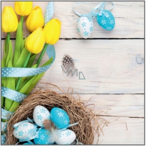 Papierservietten 3-lagig 33 x 33 cm 20 Stück ostergelbe Tulpen, blaue Eier