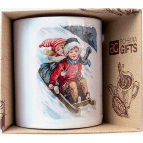 Böhmen Geschenke Keramikbecher mit einem Bild von Kindern auf einem Schlitten 350 ml