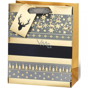 BSB Luxus-Papier-Geschenktüte 23 x 19 x 9 cm Weihnachten gold mit Rentieren und Bäumen VDT 445 A5