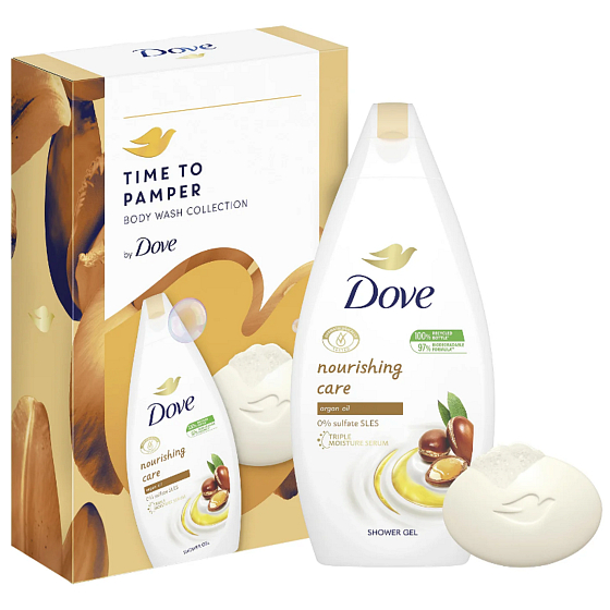 Dove Nourishing Care Argan Oil Duschgel 250 ml + Nourishing Moroccan Argan Oil cremige Toilettenseife mit Arganöl 90 g, Kosmetikset