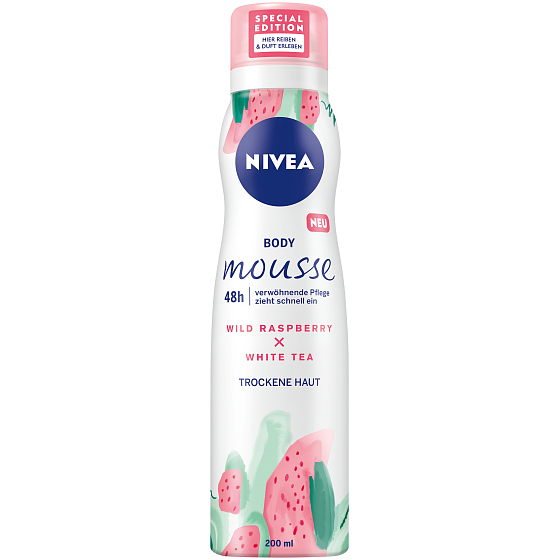 Nivea Body Mousse Wilder Himbeer & Weißer Tee Verwöhnender Körperschaum für trockene Haut 200 ml