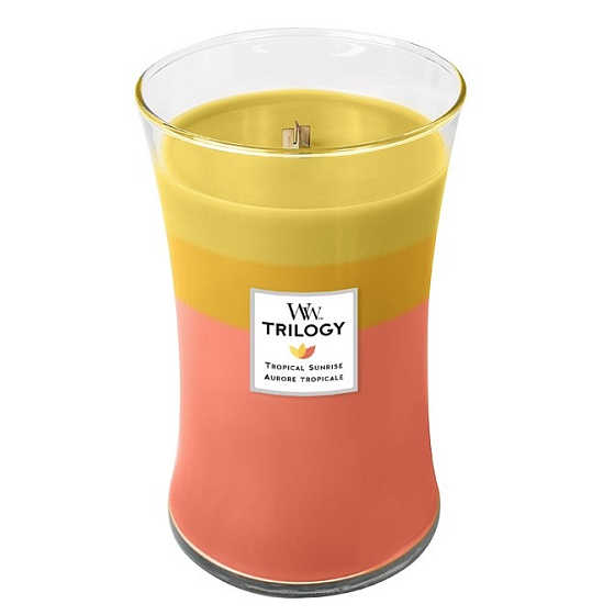 WoodWick Trilogy Tropical Sunrise - Tropische Sonnenaufgang-Duftkerze mit Holzdocht und Glasdeckel groß 609 g
