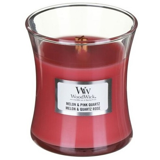 WoodWick Melon & Pink Quartz - Duftkerze mit Wassermelone und rosa Quarz mit Holzdocht und Deckelglas klein 85 g