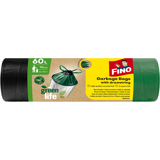 Fino Green Life recycelte PE Zugbeutel für Abfall, 63 × 72 cm, 60 l, 10 St.