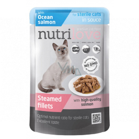 Nutrilove Geschmorte Filets mit saftigem Lachs in Sauce Komplettfutter für kastrierte und sterilisierte Katzentaschen 85 g