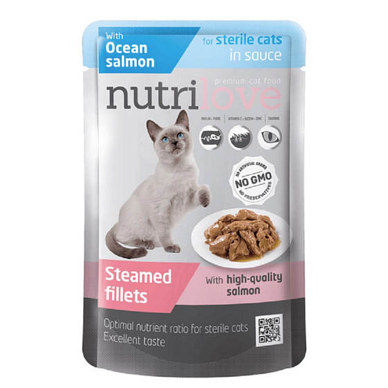 Nutrilove Gedünstete Filets mit saftigem Lachs in Sauce, Alleinfuttermittel für kastrierte und sterilisierte Katzen, Beutel 85 g