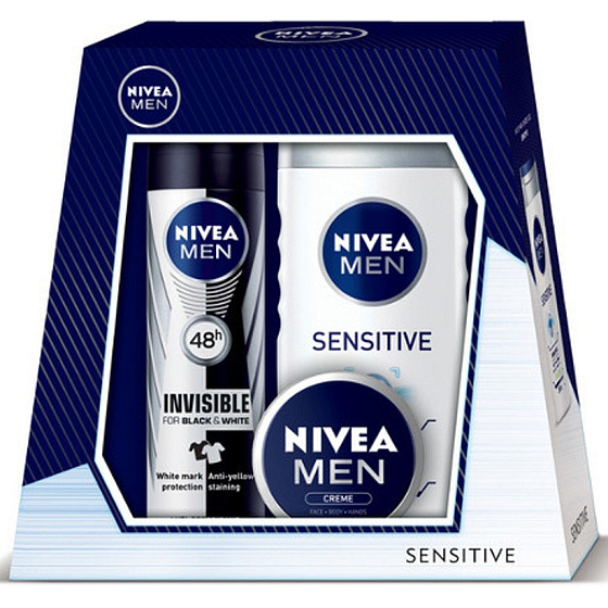 Nivea Men Universalcreme für Männer 30 ml + Invisible Black & White Power Antitranspirant-Spray für Männer 150 ml + Sensitive Duschgel 250 ml, Kosmetikset