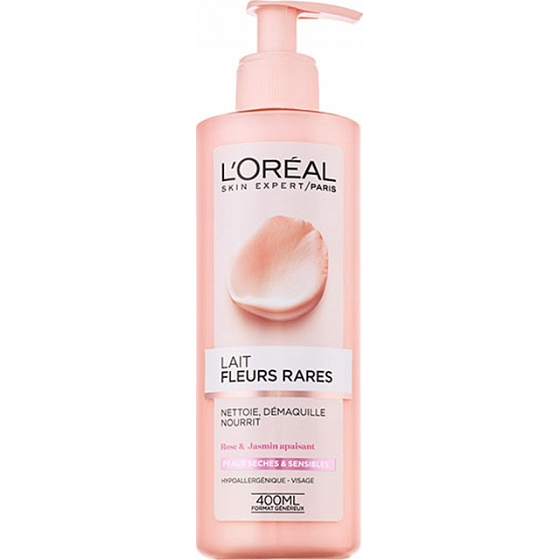 Loreal Paris Fleurs Rares Lait Démaquillant Reinigungsmilch mit Extrakten seltener Blumen für trockene und empfindliche Haut 400 ml