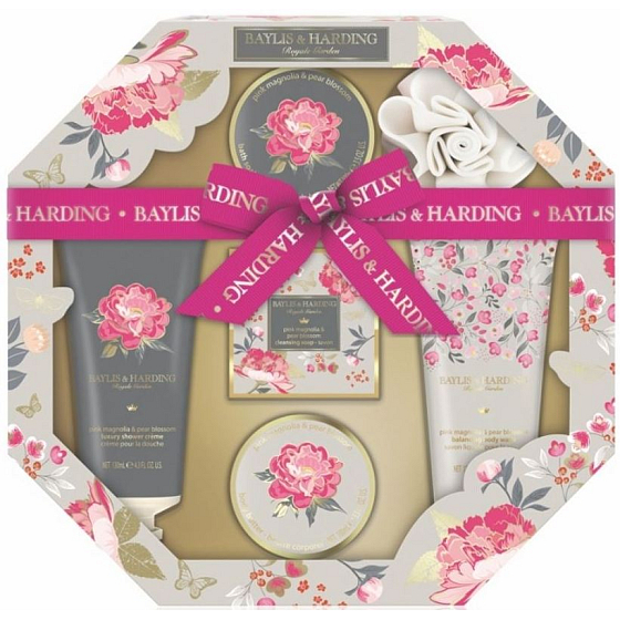 Baylis & Harding Rosa Magnolie und Birnenblüte flüssige Körperseife 130 ml + Duschcreme 130 ml + Seife 150 g + Badekristalle 100 g + Körperbutter 100 ml + Massageschwamm, achteckiges Kosmetikset