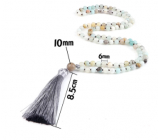 108 Mala Amazonit Halskette, Meditationsschmuck, Naturstein, graue Quaste 8,5 cm, Perle 6 mm