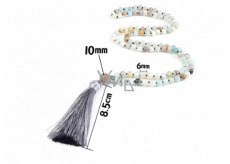 108 Mala Amazonit Halskette, Meditationsschmuck, Naturstein, graue Quaste 8,5 cm, Perle 6 mm
