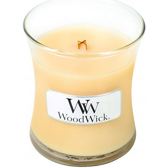 WoodWick Lemongrass & Lily - Zitronengras und Lilie duftende Kerze mit Holzdocht und Deckelglas klein 85 g