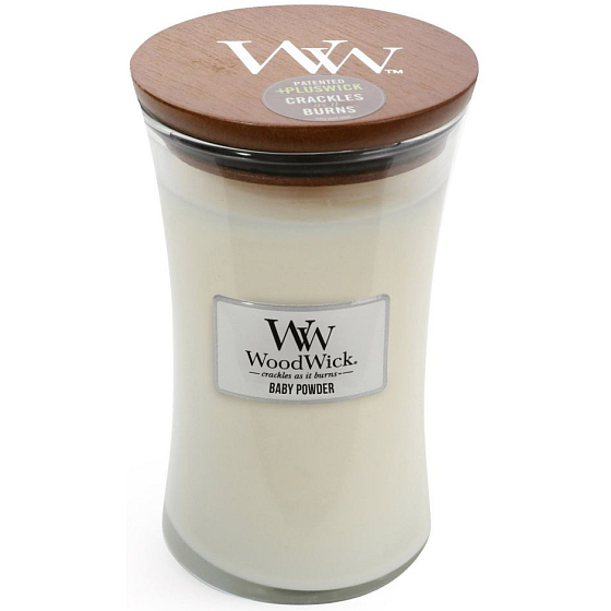 WoodWick Babypuder - Duftkerze für Kinderpulver mit Docht aus Holz und Deckelglas groß 609,5 g