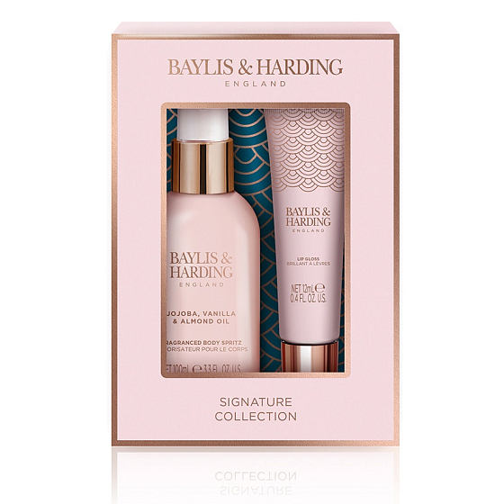 Baylis & Harding Jojoba-, Vanille- und Mandelöl Körperspray 120 ml + Lipgloss 12 ml, Kosmetikset für Frauen
