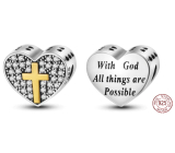 Sterling Silber 925 Religiöse Charms Herz, Kreuz, Gott der Möglichkeiten, Perle für Armband
