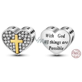 Sterling Silber 925 Religiöse Charms Herz, Kreuz, Gott der Möglichkeiten, Perle für Armband