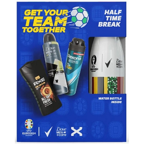Rexona Euro 2024 Advanced Protection Cobalt Dry Antitranspirant Spray + Axe Dark Temptation Duschgel + Dove Men +Care Invisible Fresh Antitranspirant Spray 150ml + Thermoflasche Geschenkset für Männer