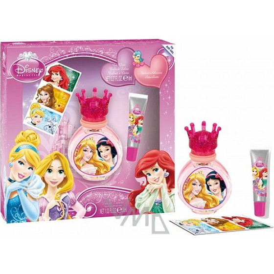 Disney Princess Eau de Toilette 30 ml + Lipgloss 7 ml + Aufkleber, Kosmetikset für Kinder