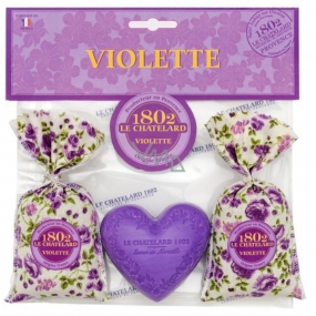 Le Chatelard Violetter Stoffbeutel gefüllt mit Duftmischung 2 x 18 g + Marselle herzförmige Toilettenseife 100 g + Violetter Duftbeutel 2 x 18 g, Kosmetikset