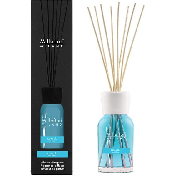 Millefiori Milano Natural Acqua Blu - Wasserblauer Diffusor 250 ml + 8 30 cm lange Stiele für mittelgroße Räume hält mindestens 3 Monate