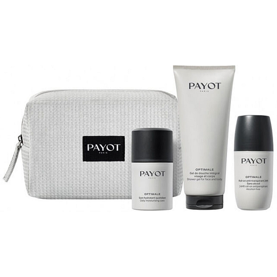 Payot Optimale Soin Hydratant Quotidien feuchtigkeitsspendende Gel-Creme 50 ml + Gel de Douche Intégral Duschgel für Körper und Haar 200 ml + Roll-on Anti-Transpirant 24H Deo Roll-on 75 ml + Kosmetiktasche, Kosmetikset für Männer 2023