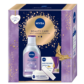 Nivea Beauty Care Antiwrinkle Creme zur Verbesserung der Konturen 65+ 50 ml + Nivea Sensitive beruhigendes Mizellenwasser 400 ml, Kosmetikset für Frauen