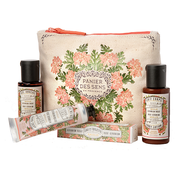 Panier des Sens Rose & Muskat Duschgel 50 ml + Körperlotion 50 ml + Eau de Toilette 3,5 ml + Handcreme 30 ml, Reisegeschenkset