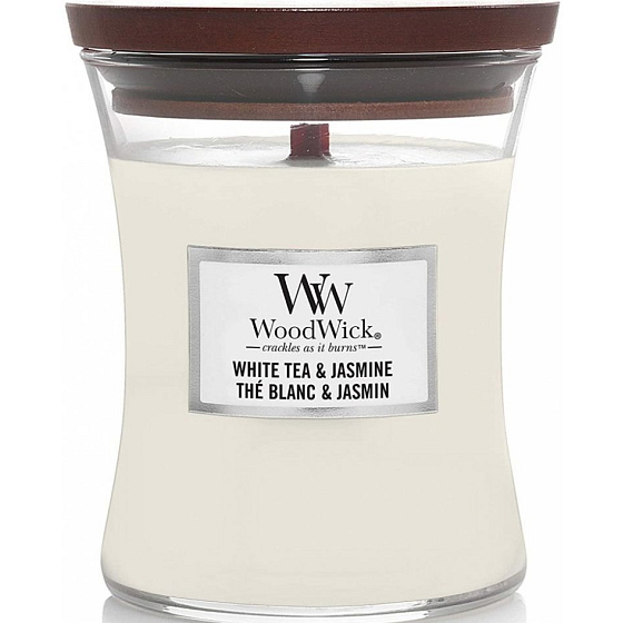 WoodWick White Tea & Jasmin - Duftkerze mit weißem Tee und Jasmin mit Holzdocht und Deckelglas klein 85 g