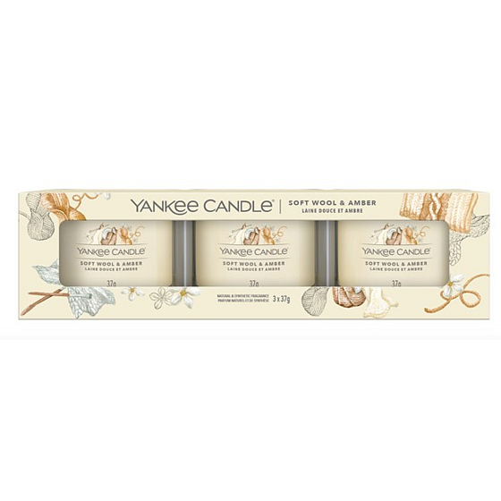 Yankee Candle Soft Wool & Amber - Weiche Wolle und Bernstein duftende Votivkerze im Glas 3 x 37 g, Geschenkset