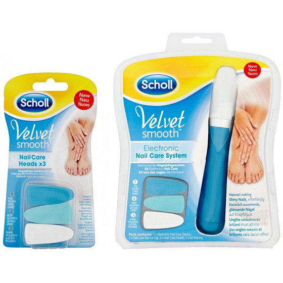 Scholl Velvet Smooth Nagelpflegesystem Blaue elektrische Nagelfeile + Scholl Velvet Smooth Blue Ersatzkopf für elektrische Nagelfeile 3 Stück, Duopack