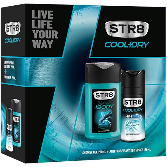 Str8 Cool + Dry Skin Protect 48h Antitranspirant Deodorant Spray für Männer 150 ml + Oxygen Burst Duschgel 250 ml, Kosmetikset