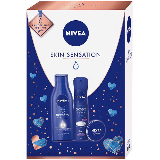 Nivea Skin Sensation pflegende Körperlotion für Frauen 250 ml + Antitranspirant-Spray Protect & Care für Frauen 150 ml + Creme 30 ml, Kosmetikset