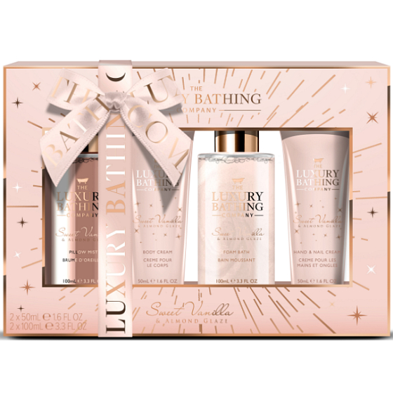Grace Cole Sweet Vanilla & Almond Glaze duftender Körperspray 100 ml + Badeschaum 100 ml + Hand- und Nagelcreme 50 ml + Körpercreme 50 ml, Kosmetikset für Damen