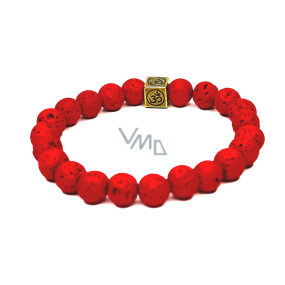 Lava leuchtend rot mit königlichem Mantra Om, Armband elastisch Naturstein, Kugel 8 mm / 16-17 cm, geboren von den vier Elementen