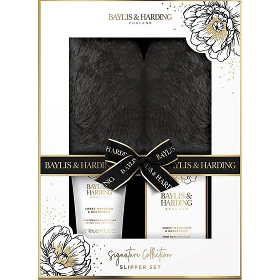 Baylis & Harding Sweet Tangerine and Grapefruit Fußlotion 140 ml + 100 g Wasser-Badekristalle + Hausschuhe, Kosmetikset für Frauen