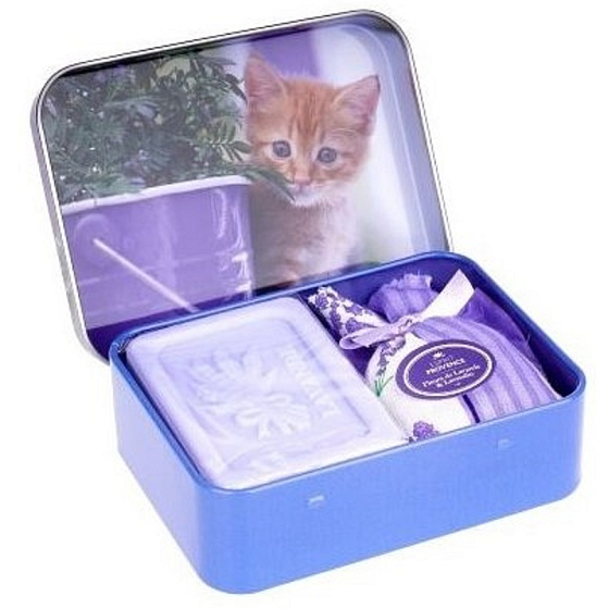Esprit Provence Lavendel-Toilettenseife 60 g + Duftsäckchen + Dose mit Kätzchenmotiv, Kosmetikset für Frauen