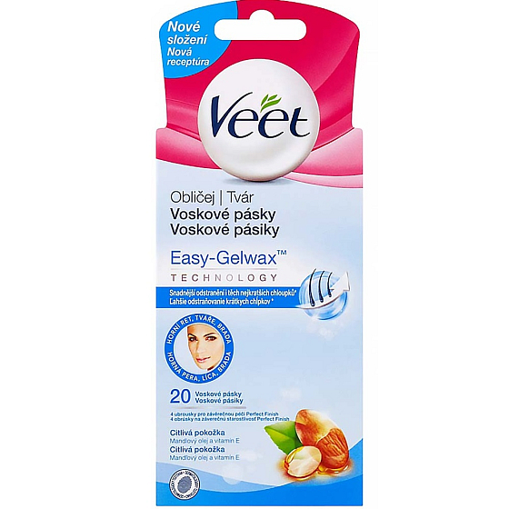 Veet Wachsstreifen mit einem Streifen im Gesicht 20 Stück + Pefect Finish Servietten 4 Stück
